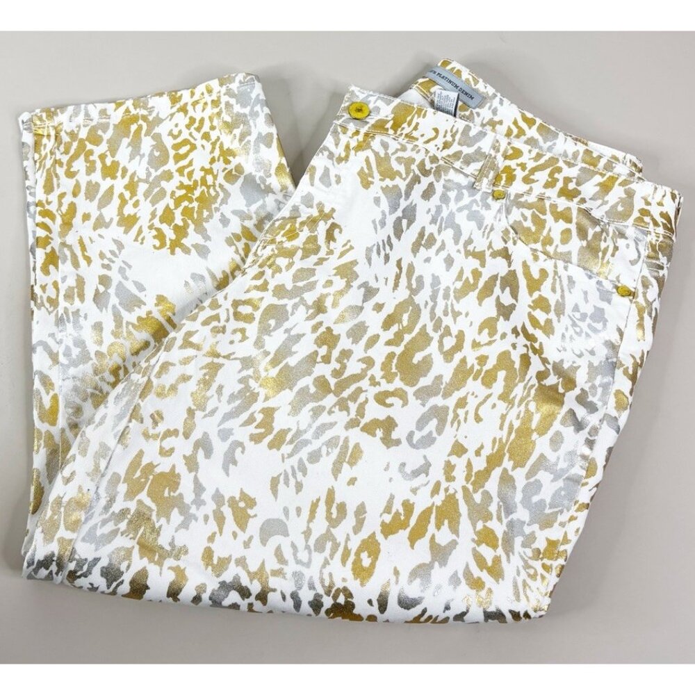Chicos Sz 3 / 16 (Actual 39x22.5) Gold Silver Metallic Leopard Pants Stretch GUC